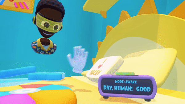 VR player relaxing in bed and eating snacks in Resort